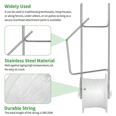 CONNOVA greenhouse trellis setup using roller hooks for vertical growth.