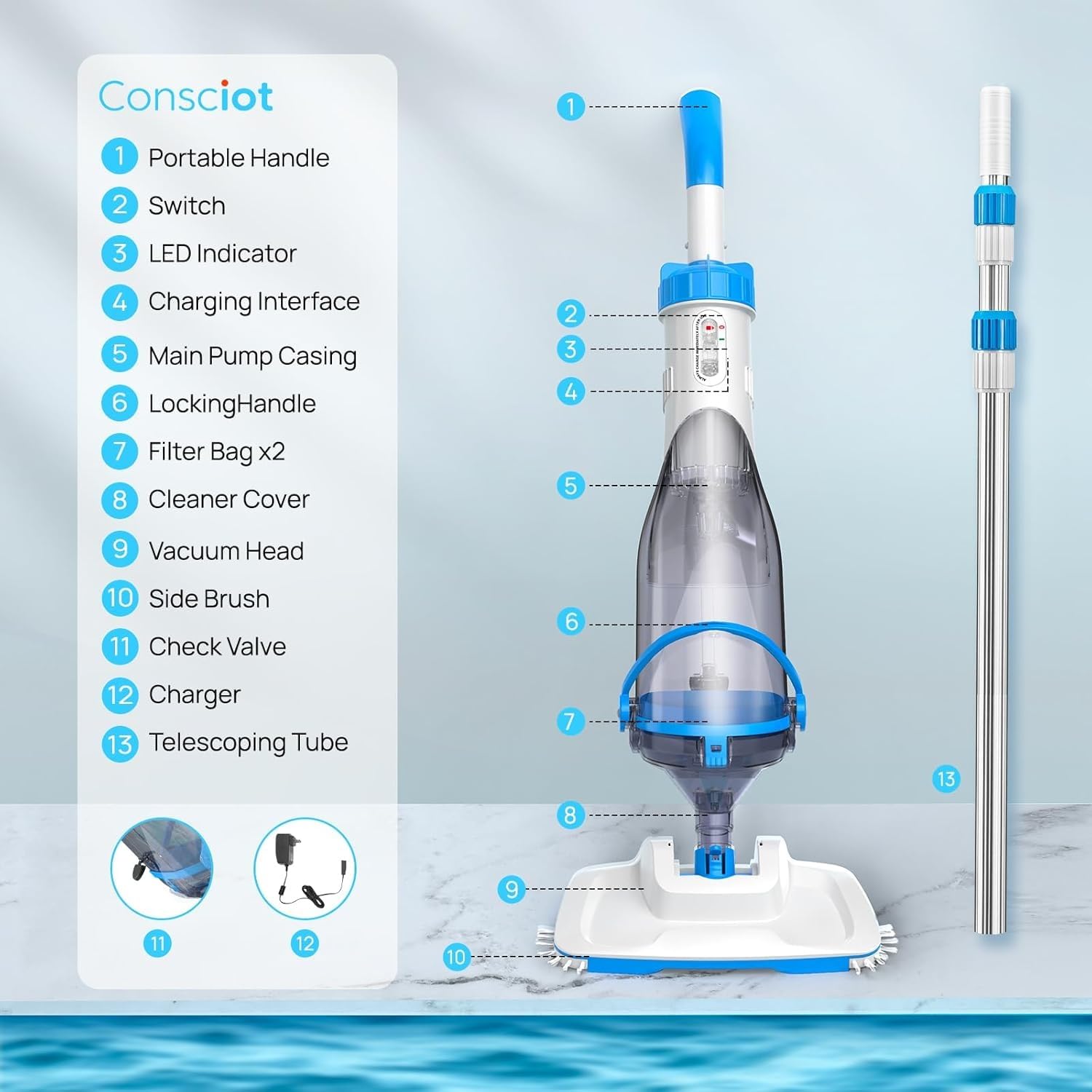 Consciot lightweight ergonomic pool vacuum for one-handed use