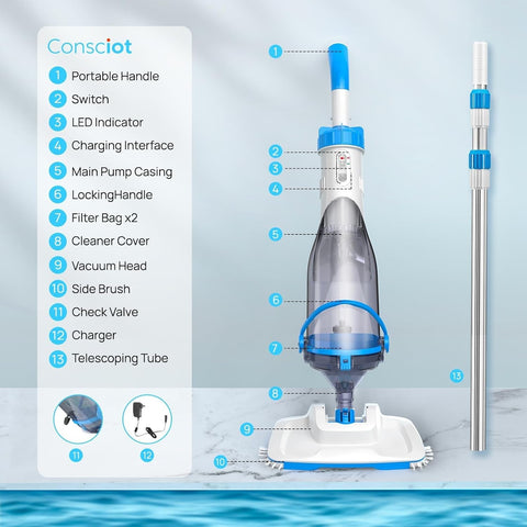 Consciot lightweight ergonomic pool vacuum for one-handed use