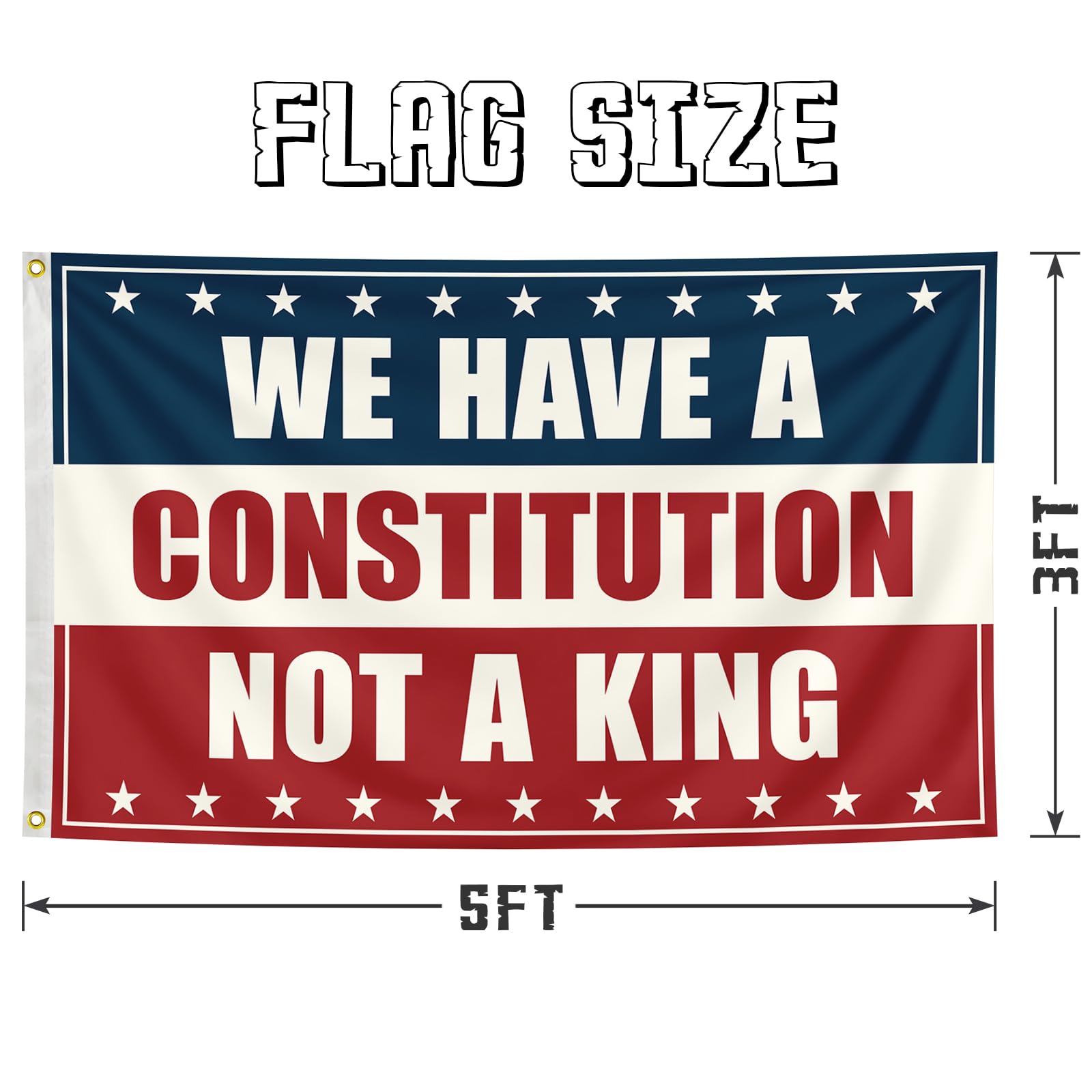 Constitution Not a King flag with metal buckles for secure hanging on poles.