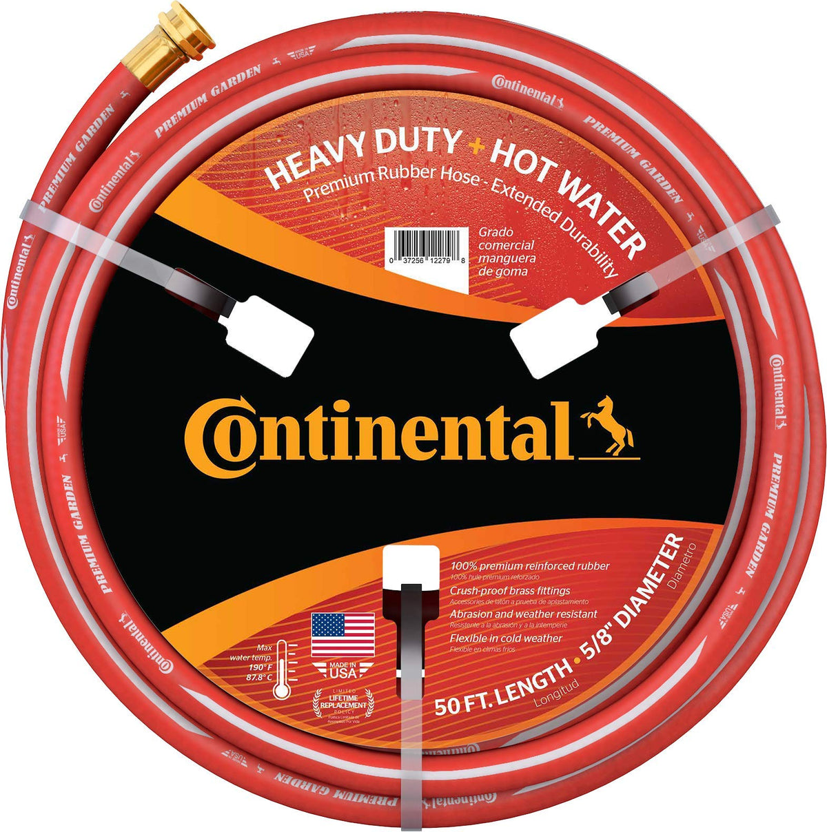 Continental Premium Garden red hose coiled for easy storage and hot-water tasks.