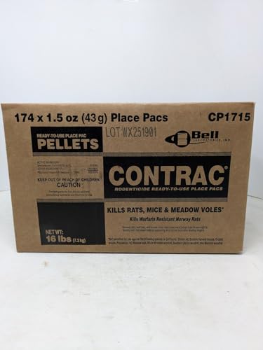 Contrac Place Packs blue bait-pac close-up beside a station for mice and rats.