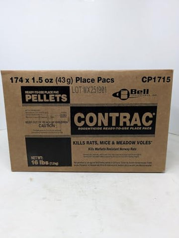 Contrac Place Packs blue bait-pac close-up beside a station for mice and rats.