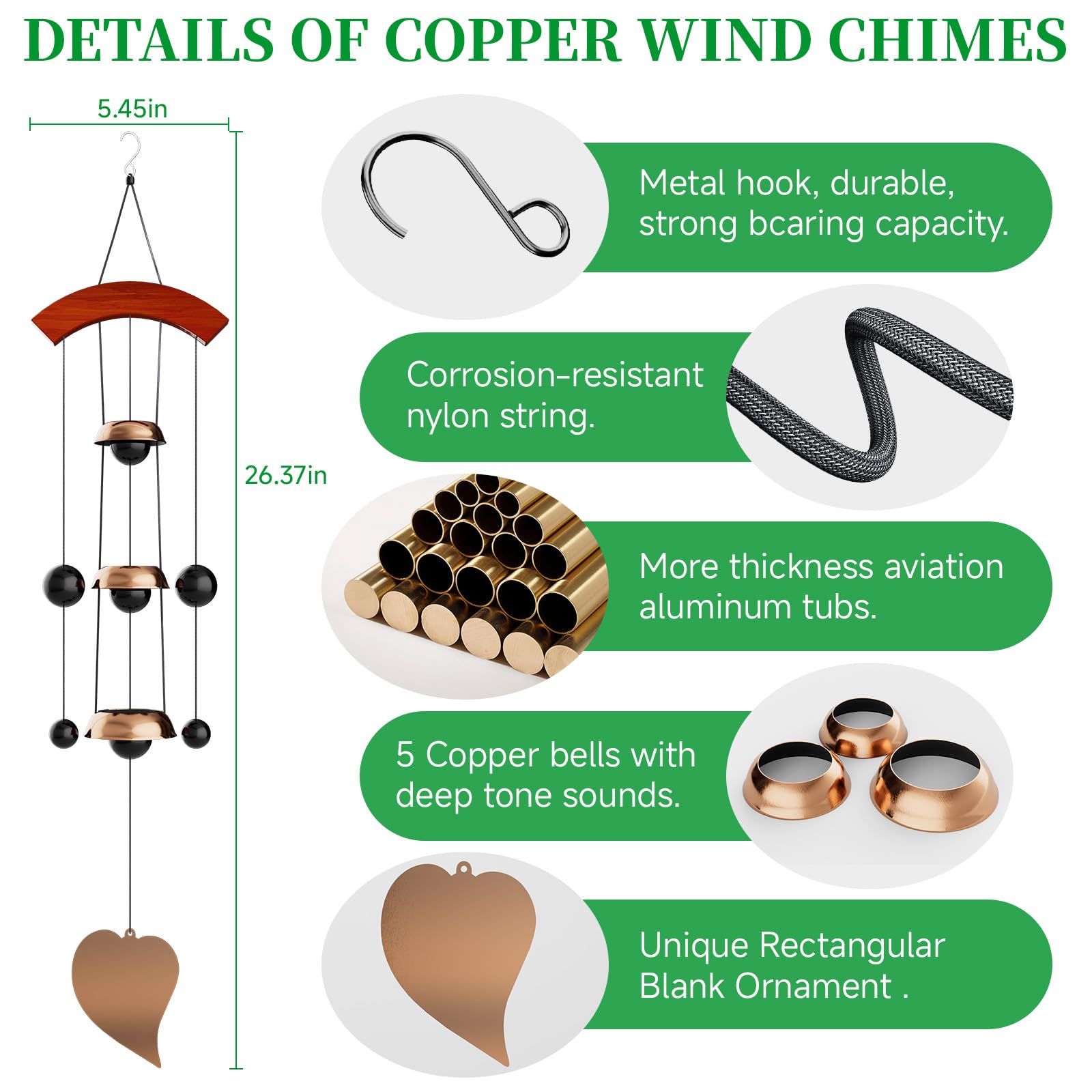 Coobest red copper wind chime outdoors, three bells catching breeze near the patio