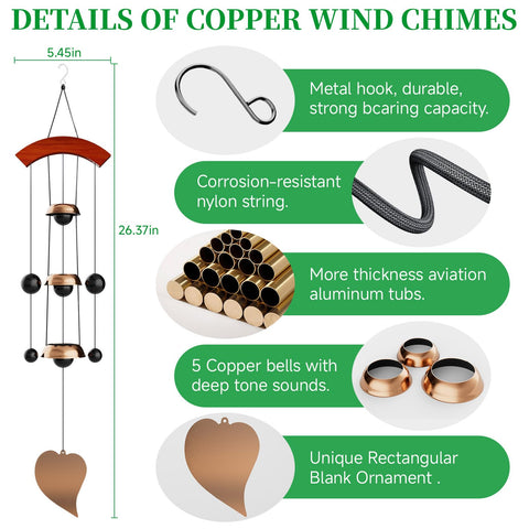 Coobest red copper wind chime outdoors, three bells catching breeze near the patio