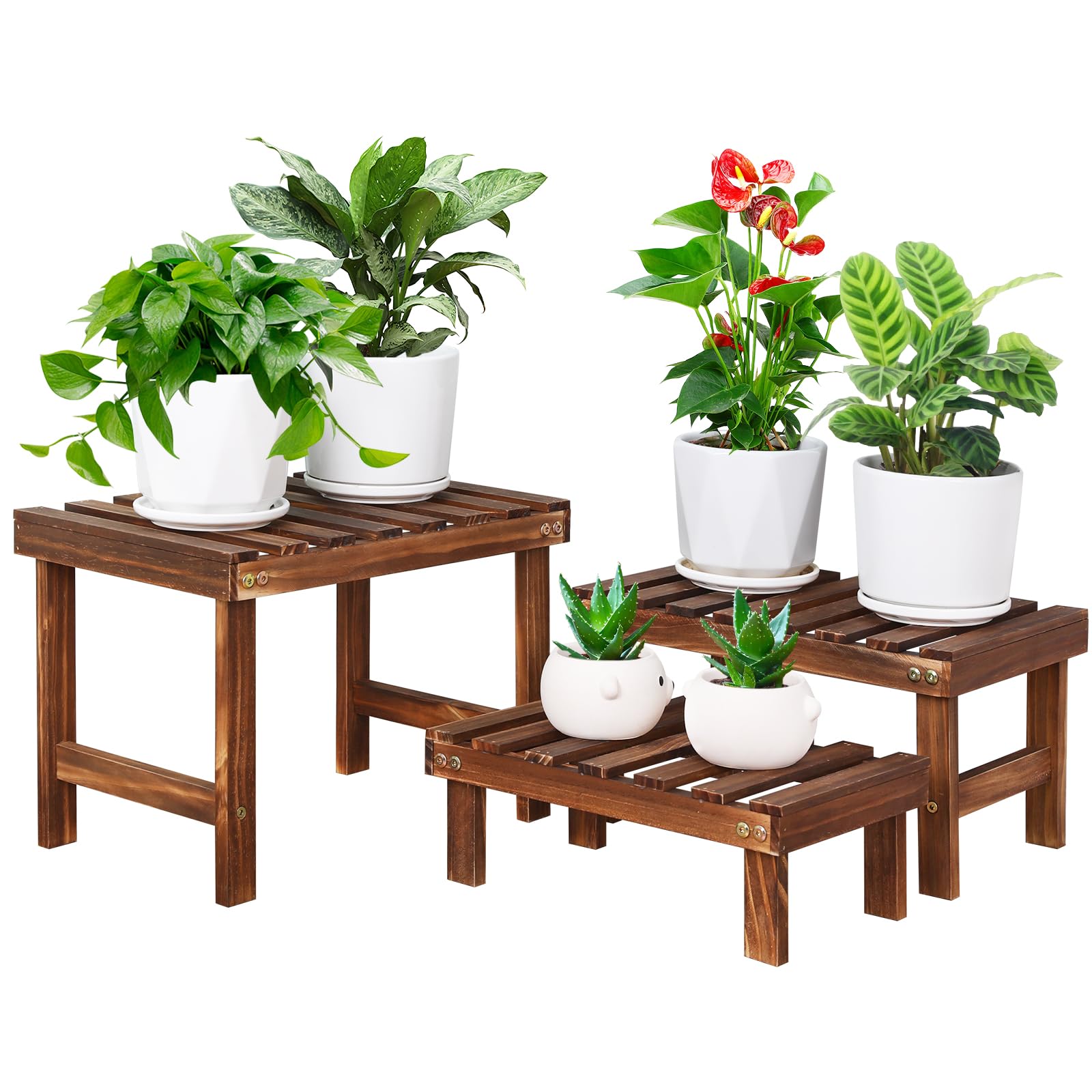 COOGOU 3-tier wooden plant stand side view for compact indoor corner display.