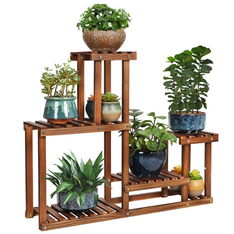 COOGOU pine wood plant stand 4-tier front view showing compact multi-level display for plants