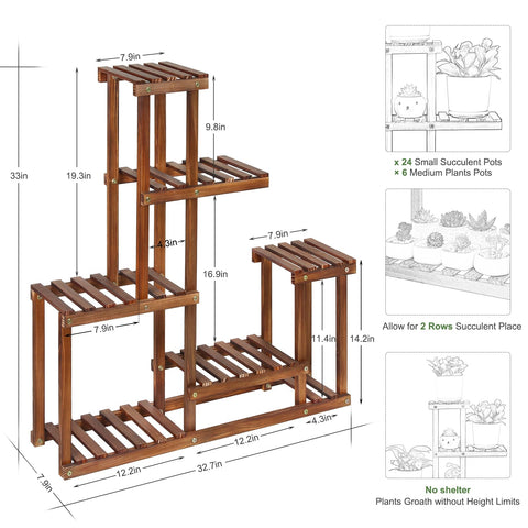 COOGOU plant stand close-up shows natural pine grain and charred finish for durability.