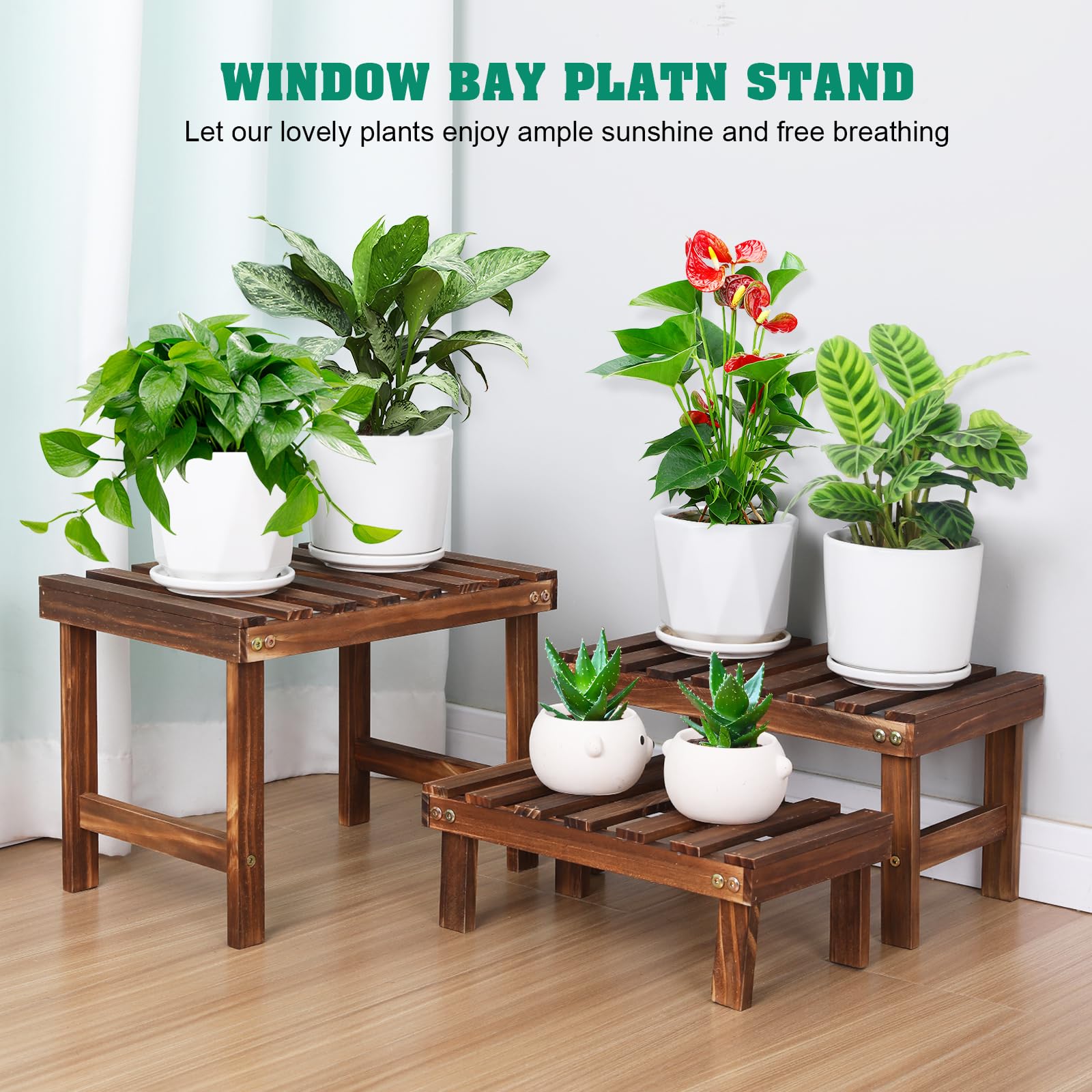 COOGOU wooden plant stand corner display for flexible placement.