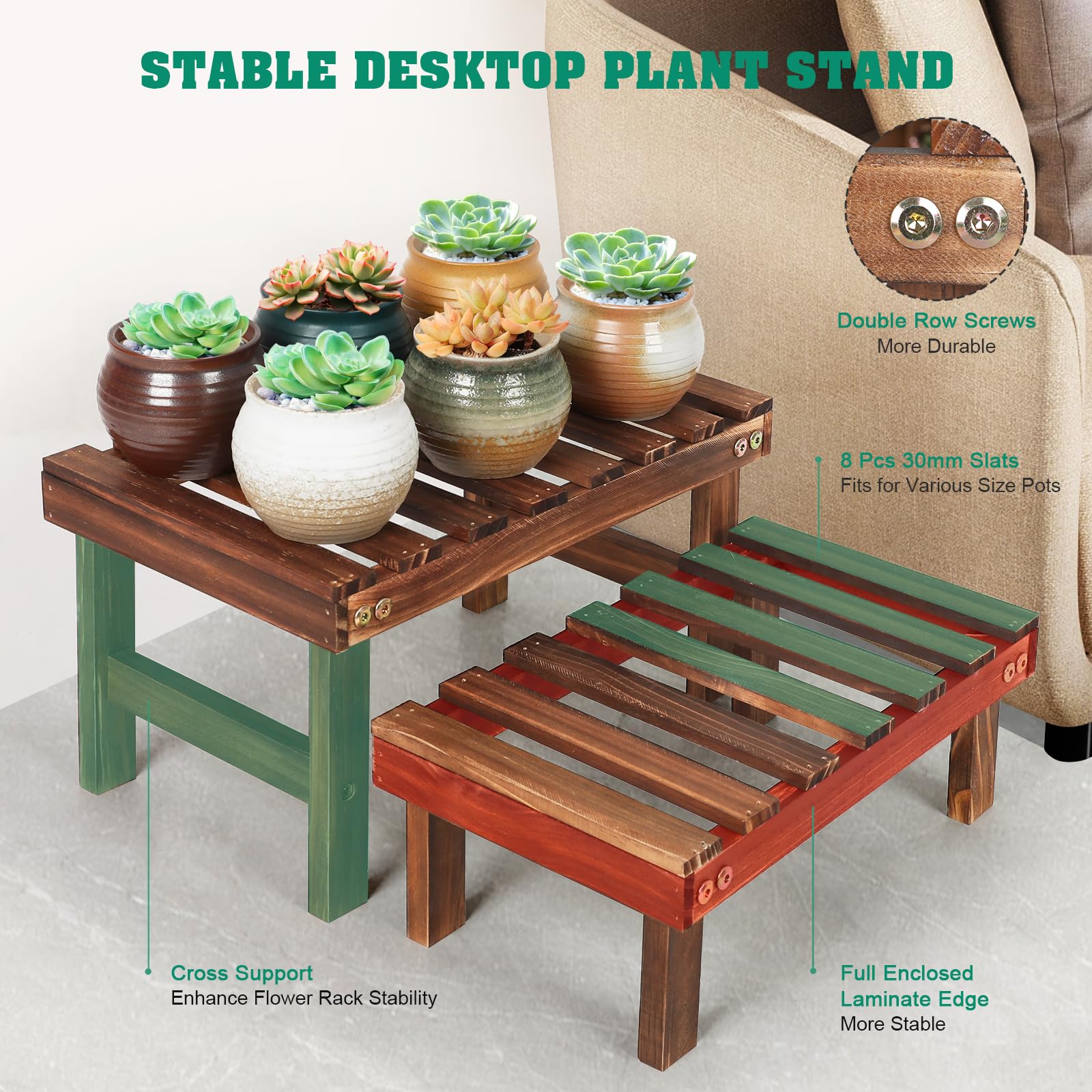 COOGOU wooden plant stand on patio for outdoor display and resilience.
