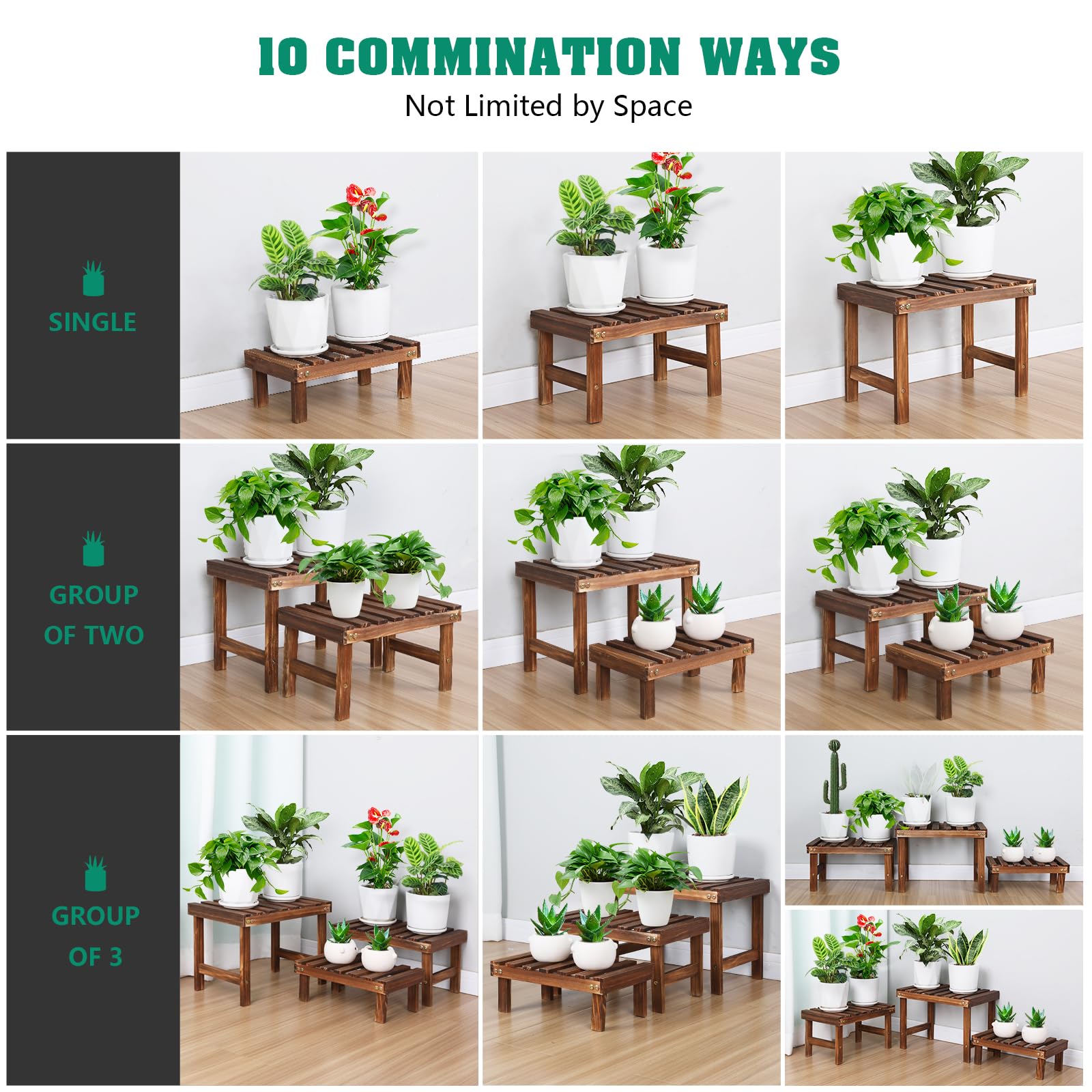 COOGOU wooden plant stand with pots arranged for balance and airflow.