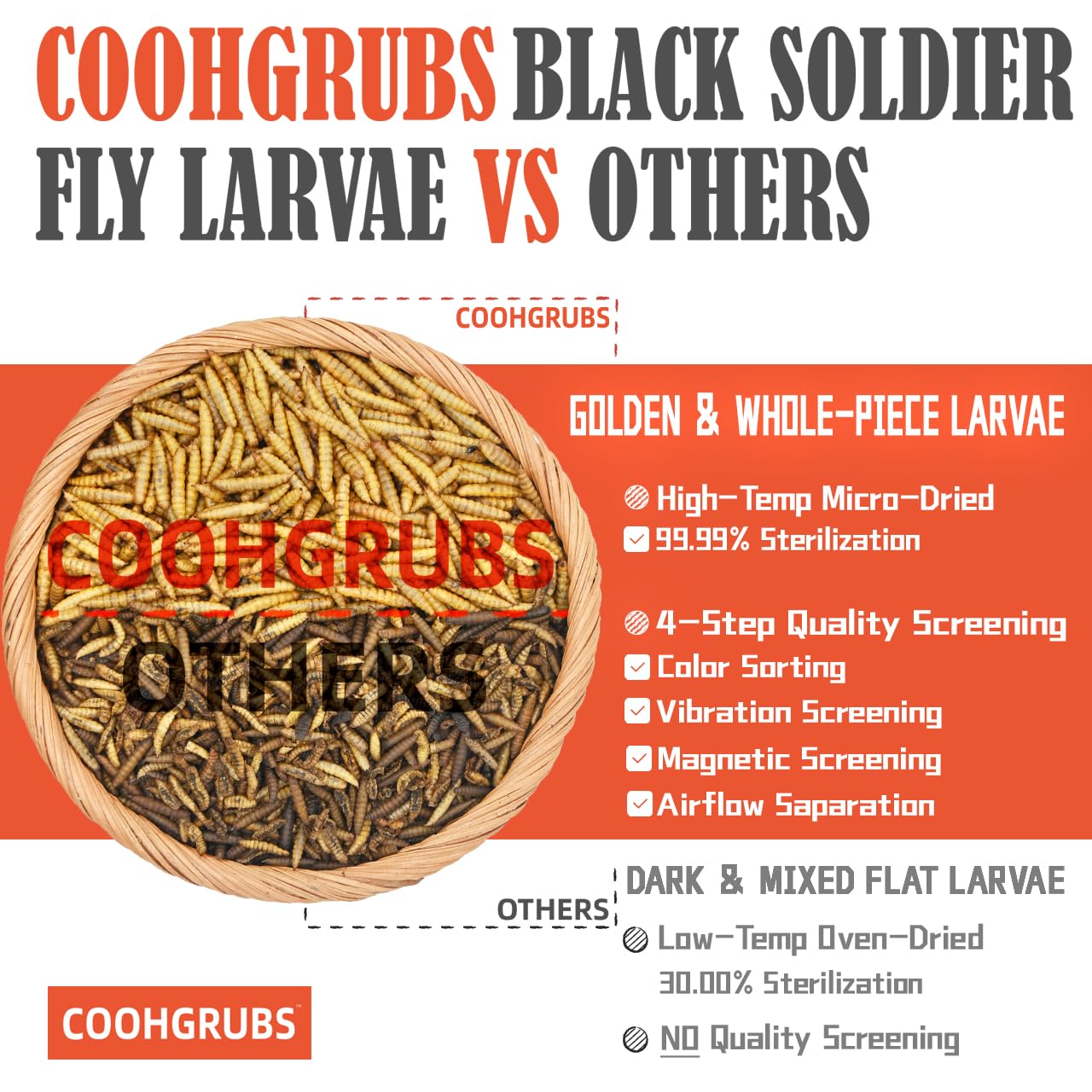 COOHGRUBS cleaning process highlights clean, powder-free larvae