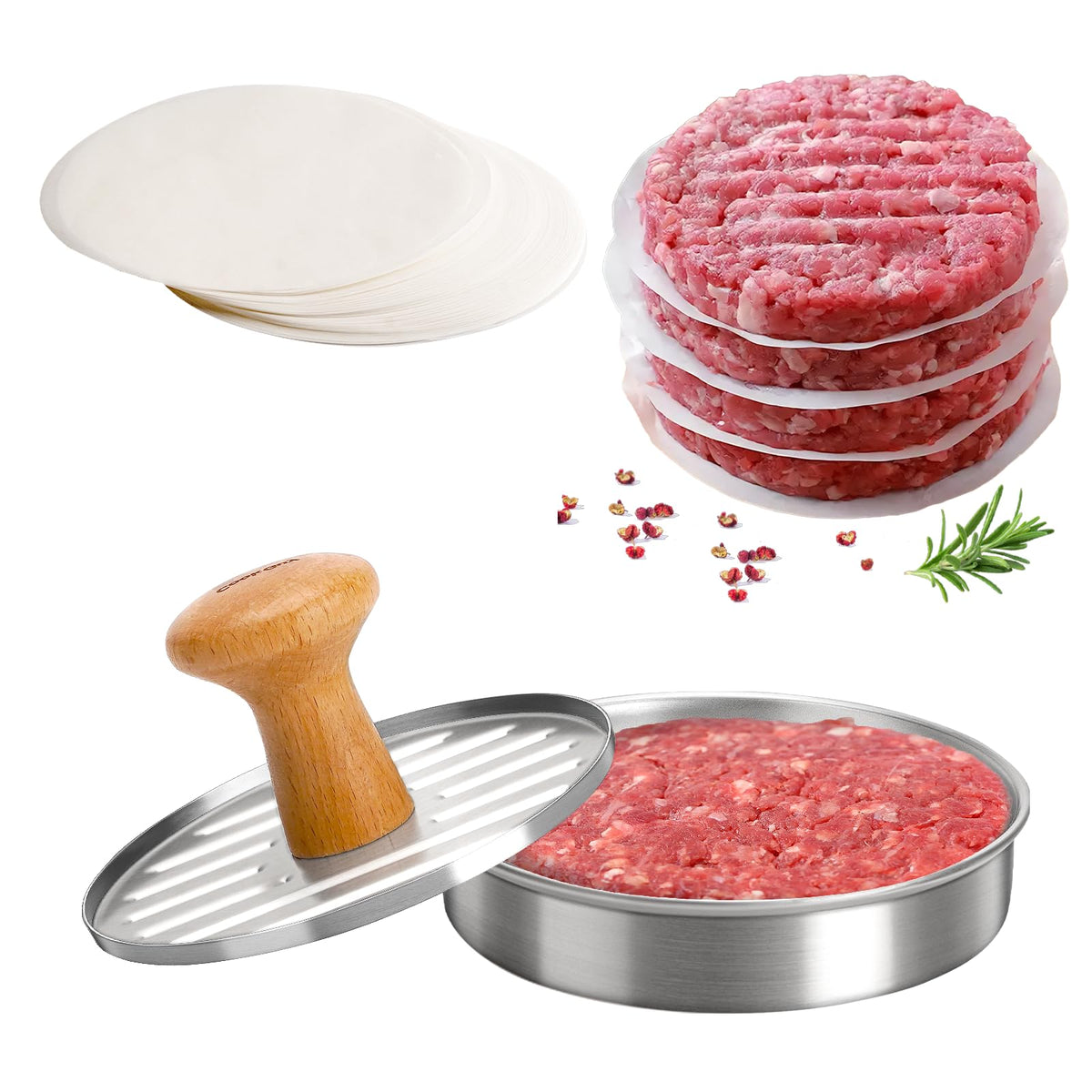 Cook Guy burger press top view shows 5-inch uniform patties for grilling.