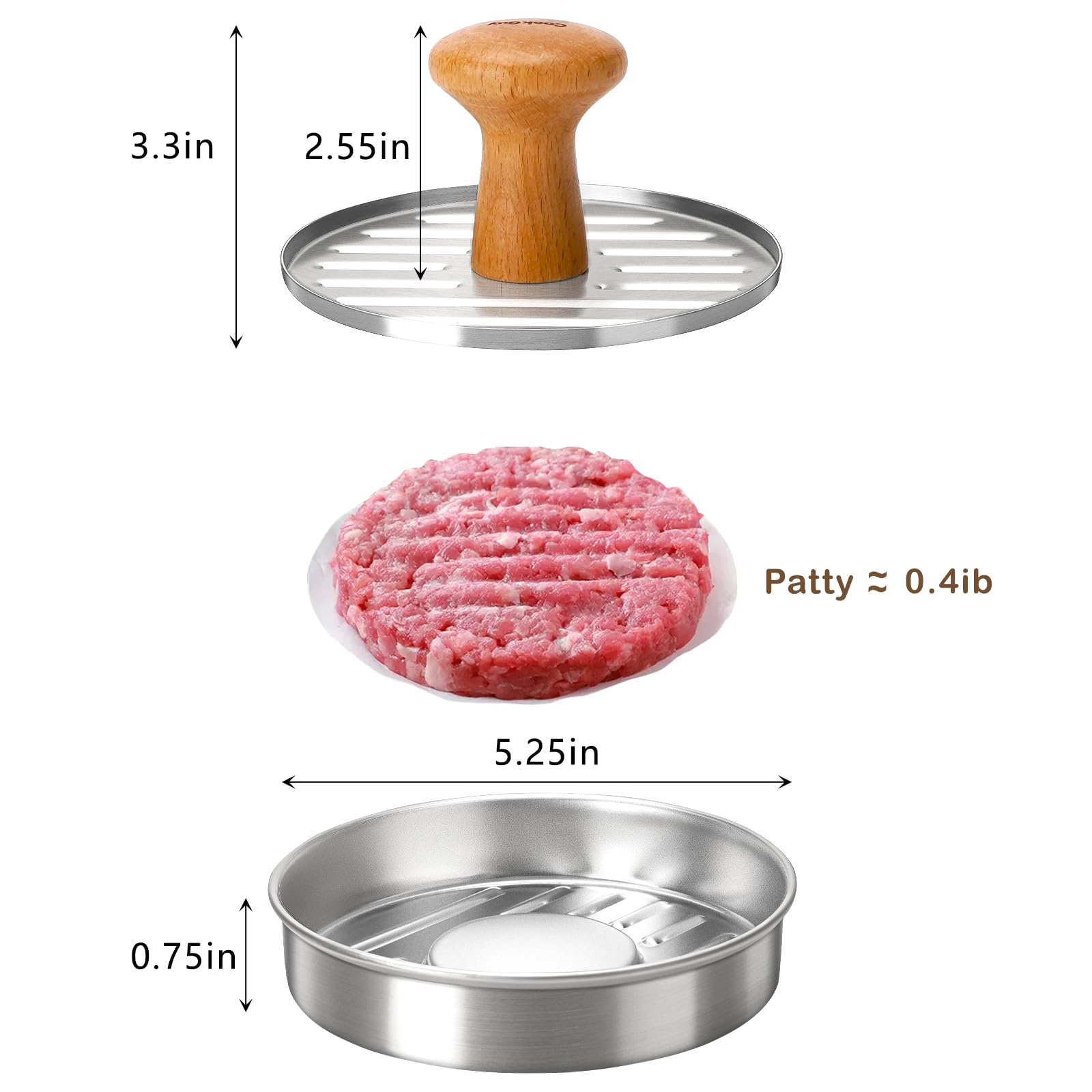 Cook Guy burger press wooden handle close-up emphasizes safe, comfortable grip.