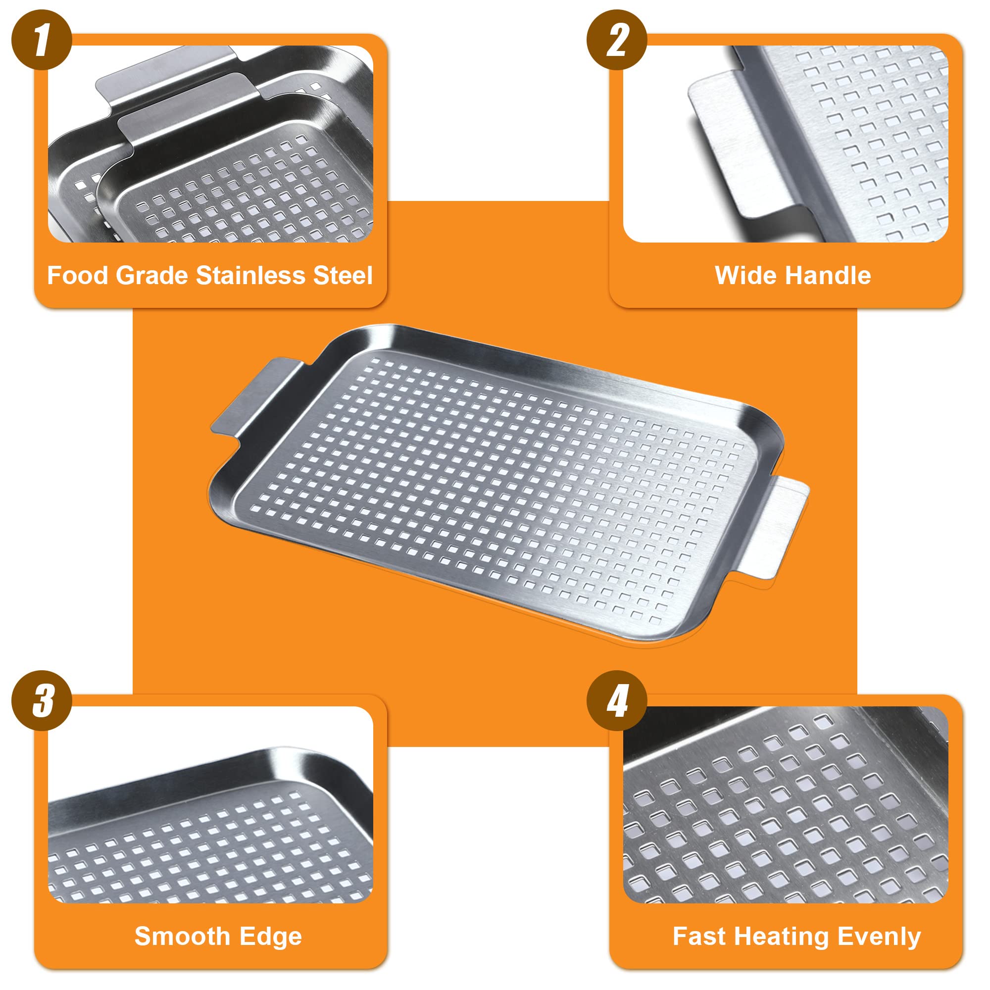 Cook Time stainless steel grilling baskets with handles for easy flipping.