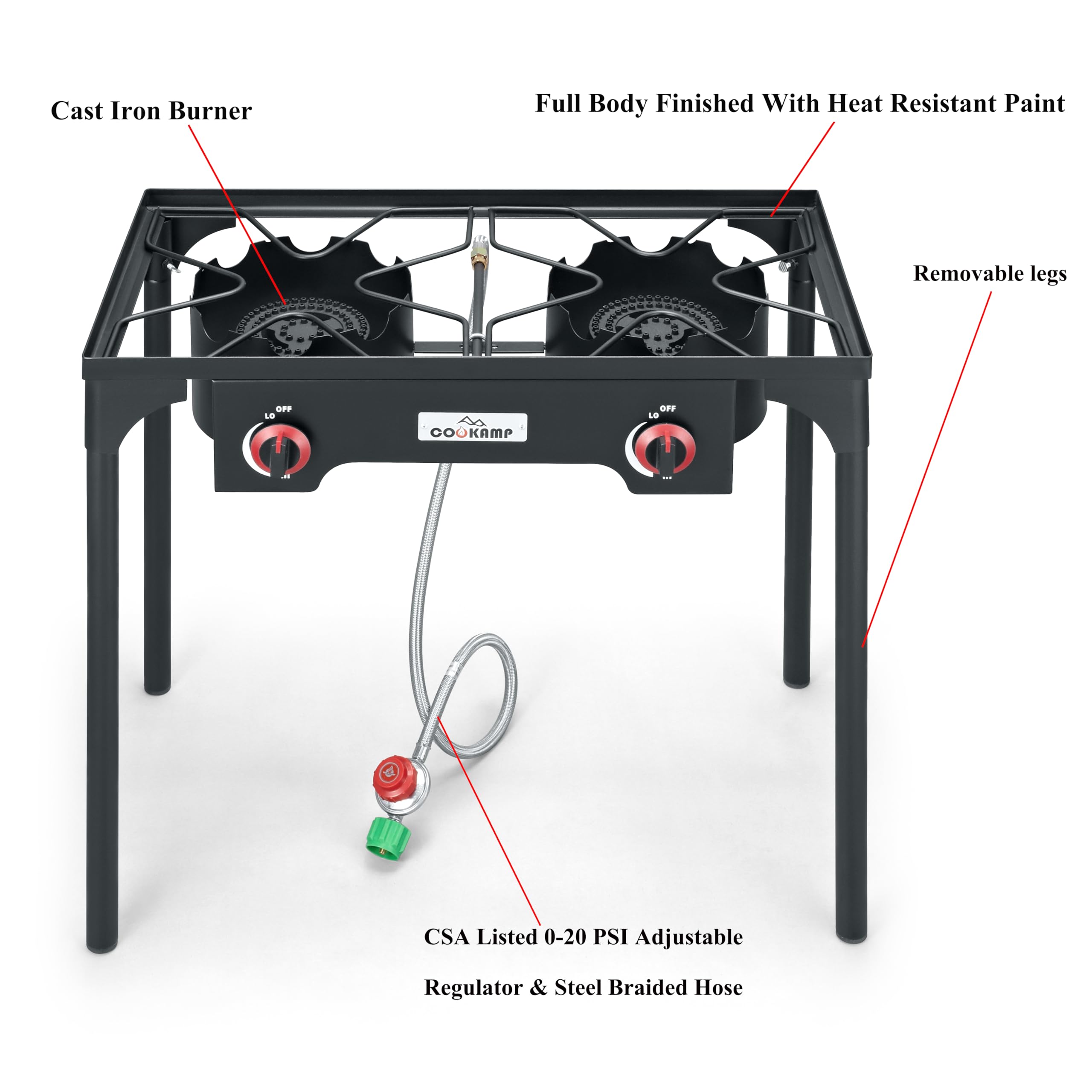 COOKAMP stove with 0-20 PSI regulator and steel-braided hose for safe flame control