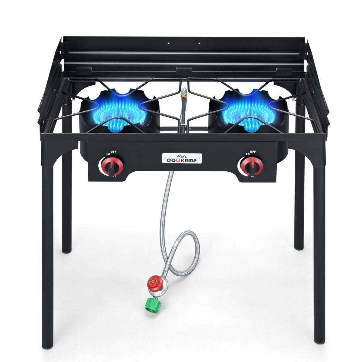 COOKAMP high-pressure double burner with windscreen for reliable outdoor cooking.
