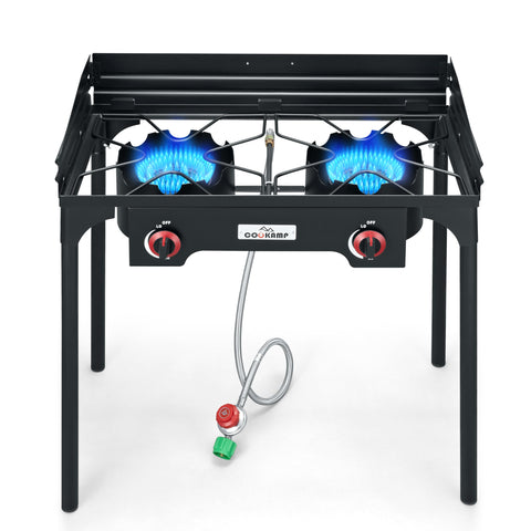 COOKAMP high-pressure double burner with windscreen for reliable outdoor cooking.