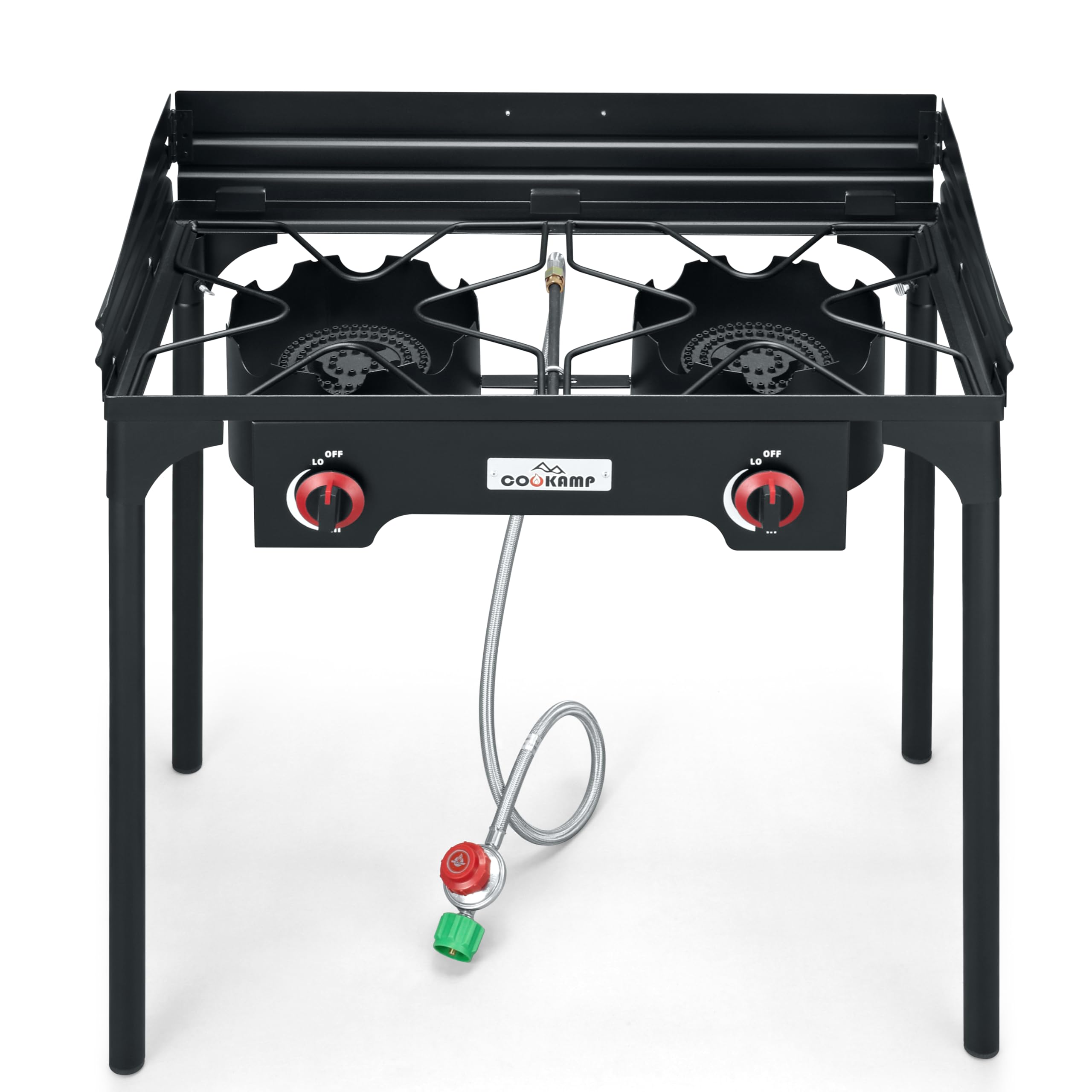Portable COOKAMP camping stove with detachable legs for easy transport.