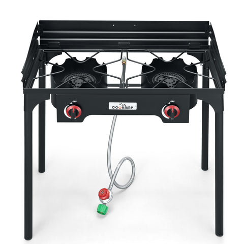 Portable COOKAMP camping stove with detachable legs for easy transport.