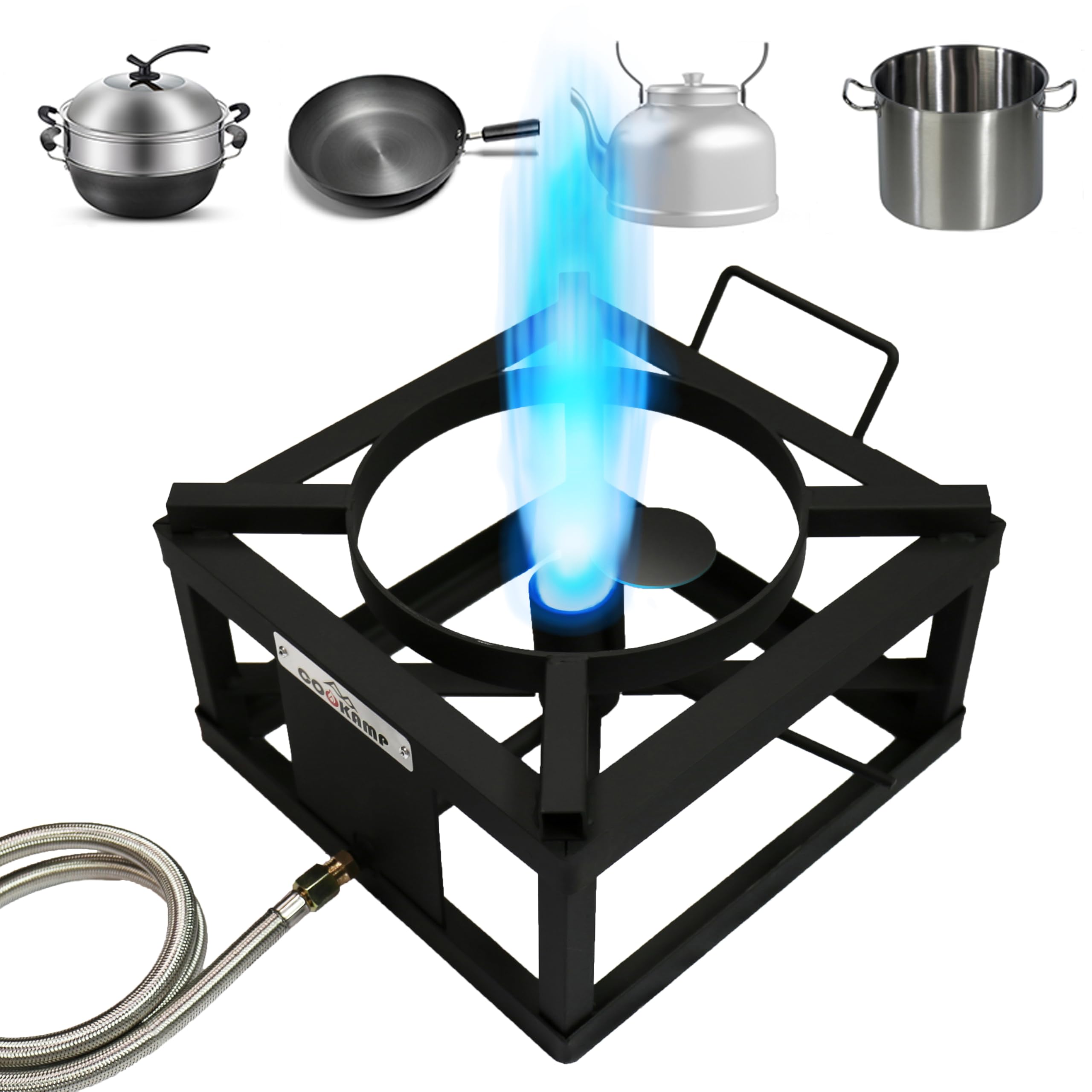 COOKAMP 120,000 BTU burner in action for high-heat outdoor frying.