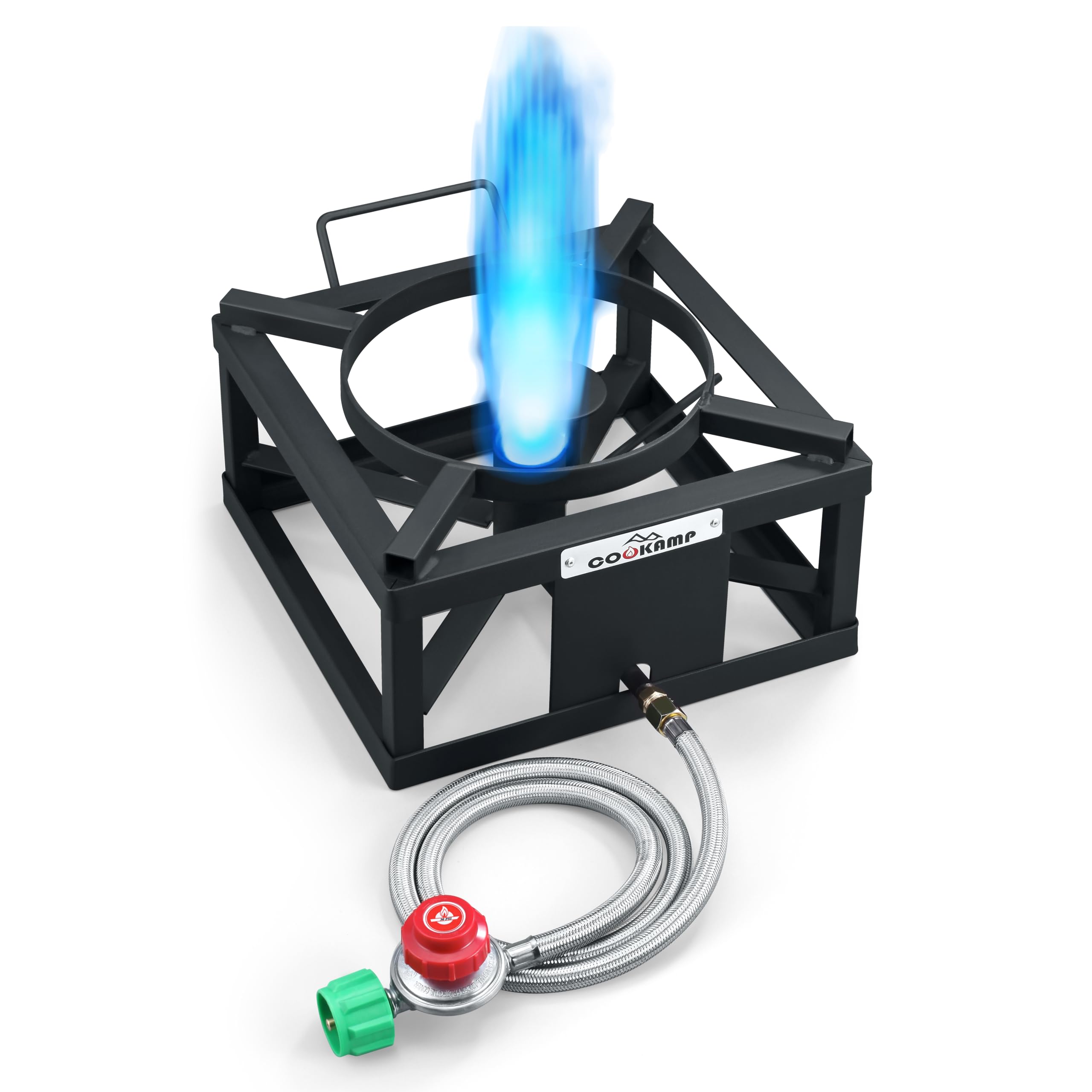 COOKAMP propane burner full view for ready-to-use outdoor cooking with large pots.