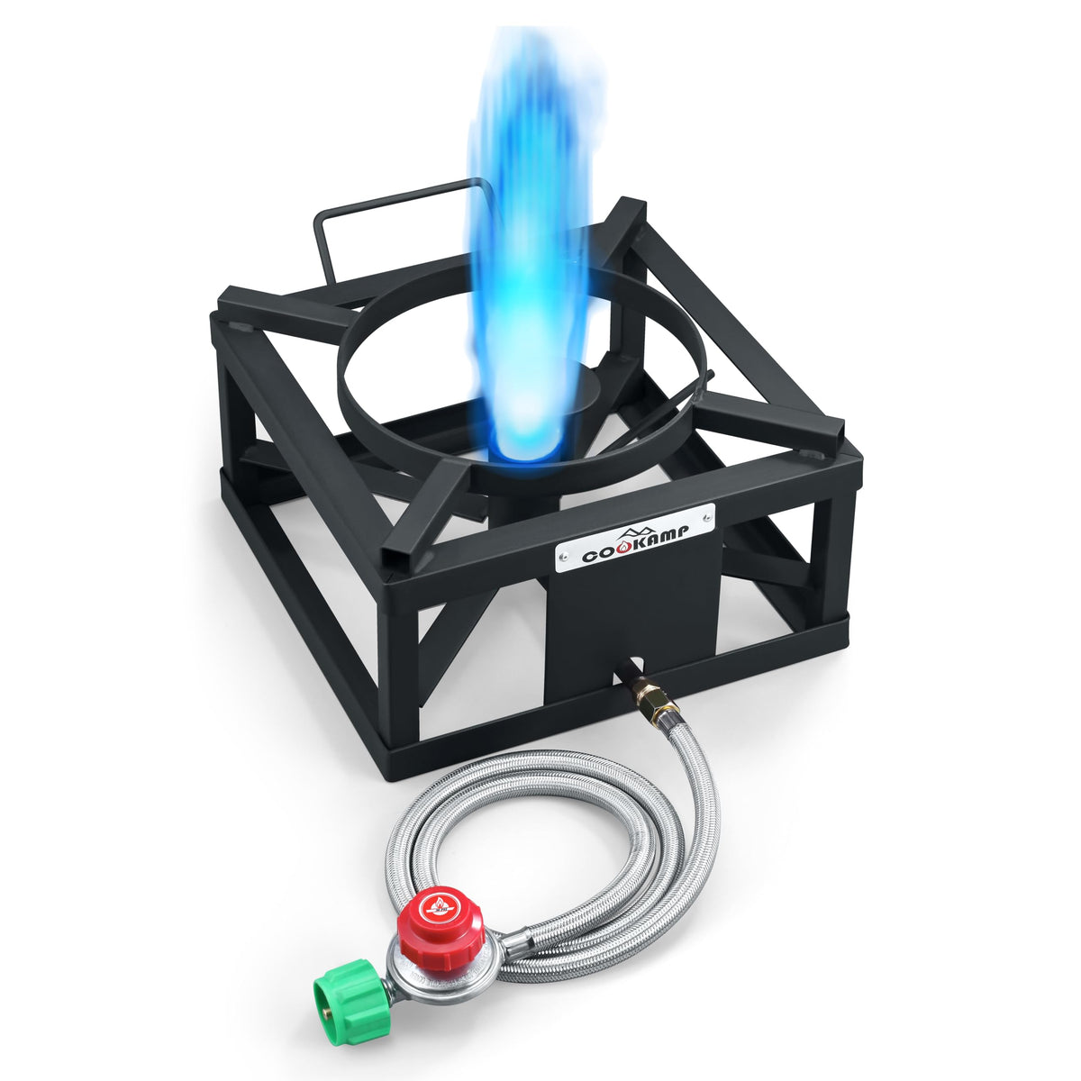 COOKAMP propane burner full view for ready-to-use outdoor cooking with large pots.