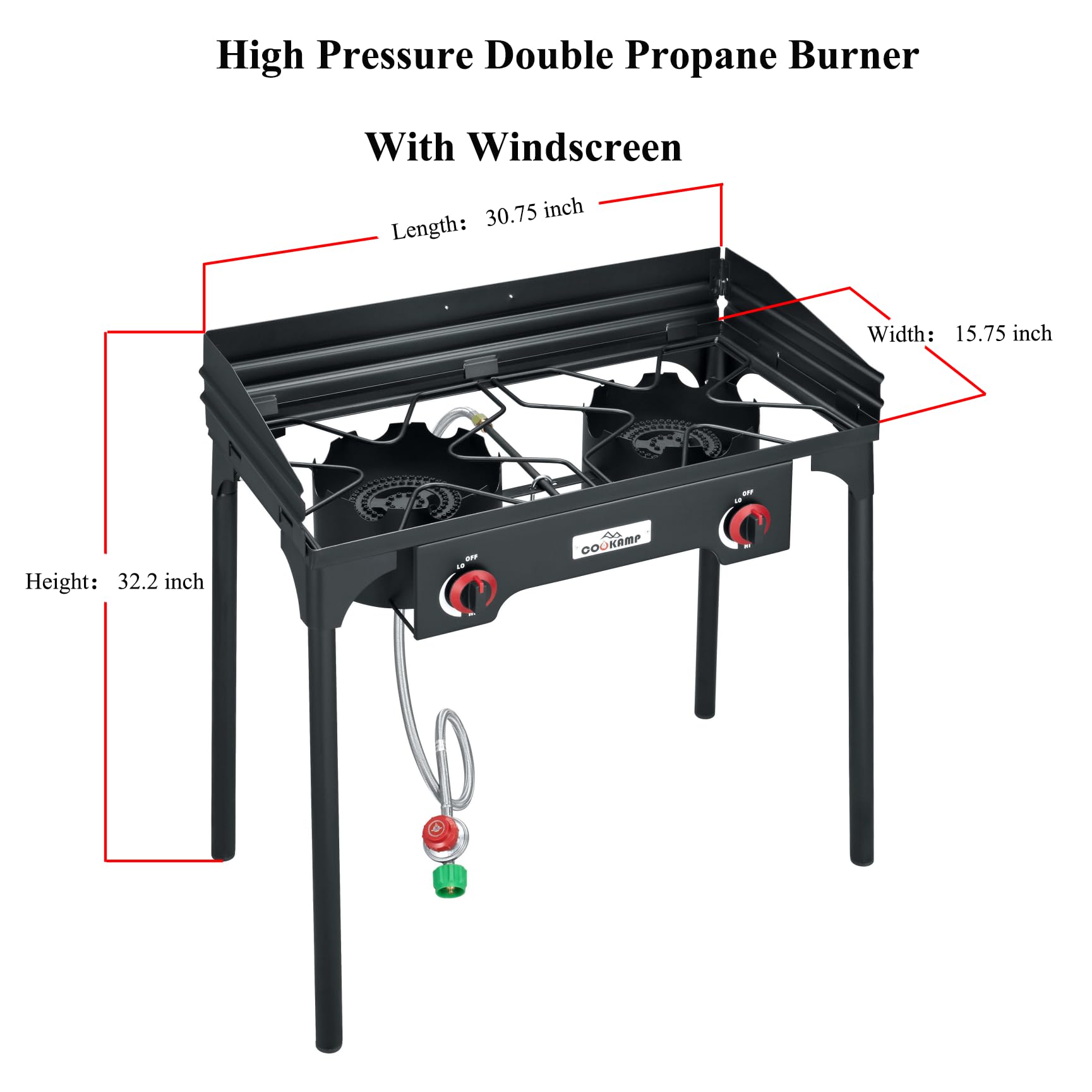 COOKAMP SA2510 two-burner stove with regulator and hose for controlled flame.