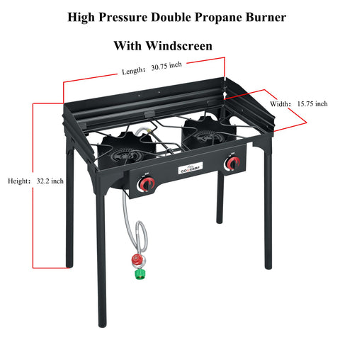 COOKAMP SA2510 two-burner stove with regulator and hose for controlled flame.