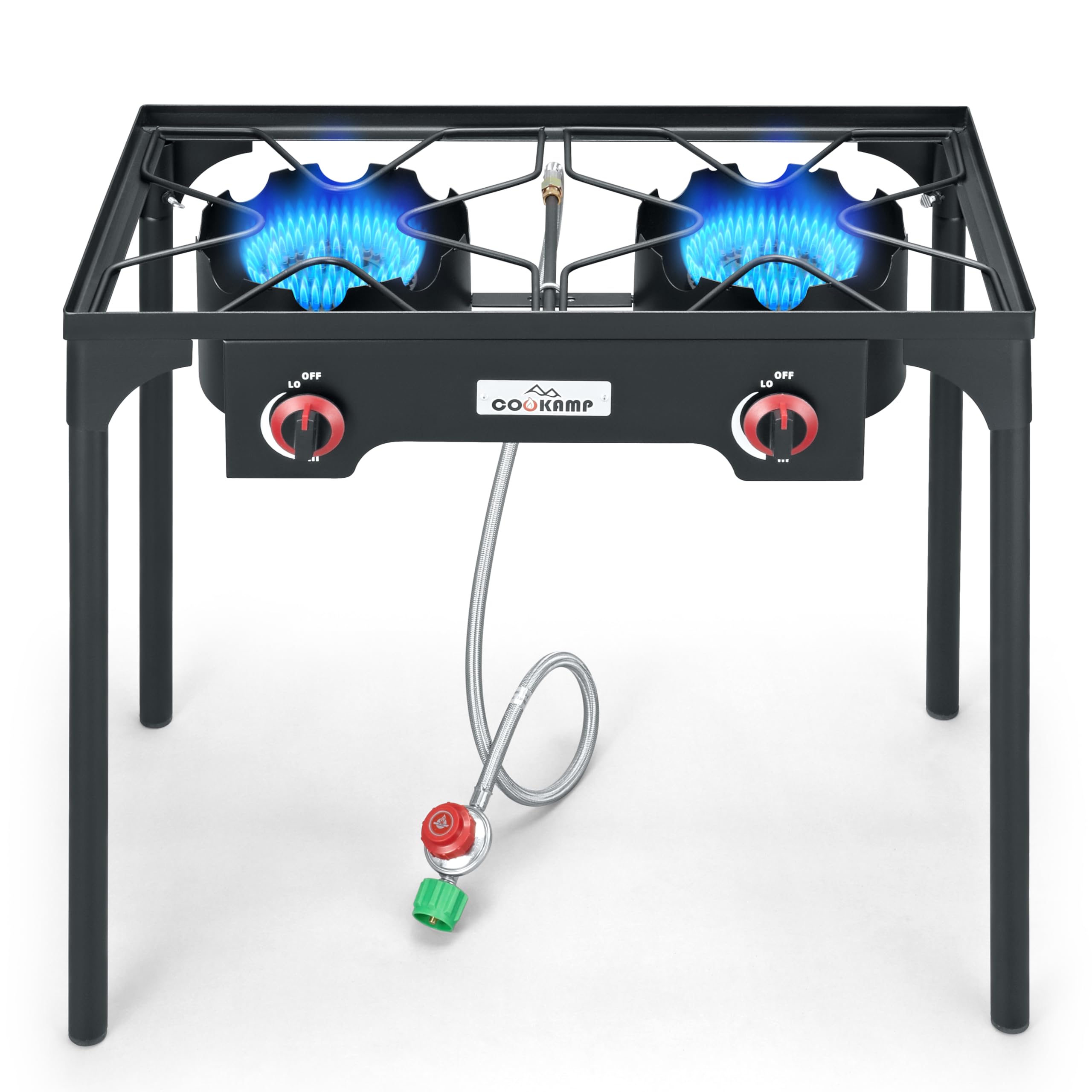 COOKAMP two-burner stove ready for camping outdoors