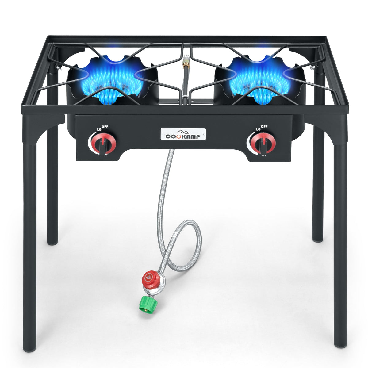 COOKAMP two-burner stove ready for camping outdoors