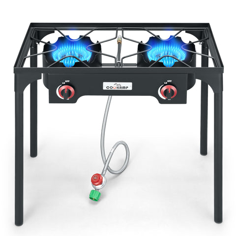COOKAMP two-burner stove ready for camping outdoors