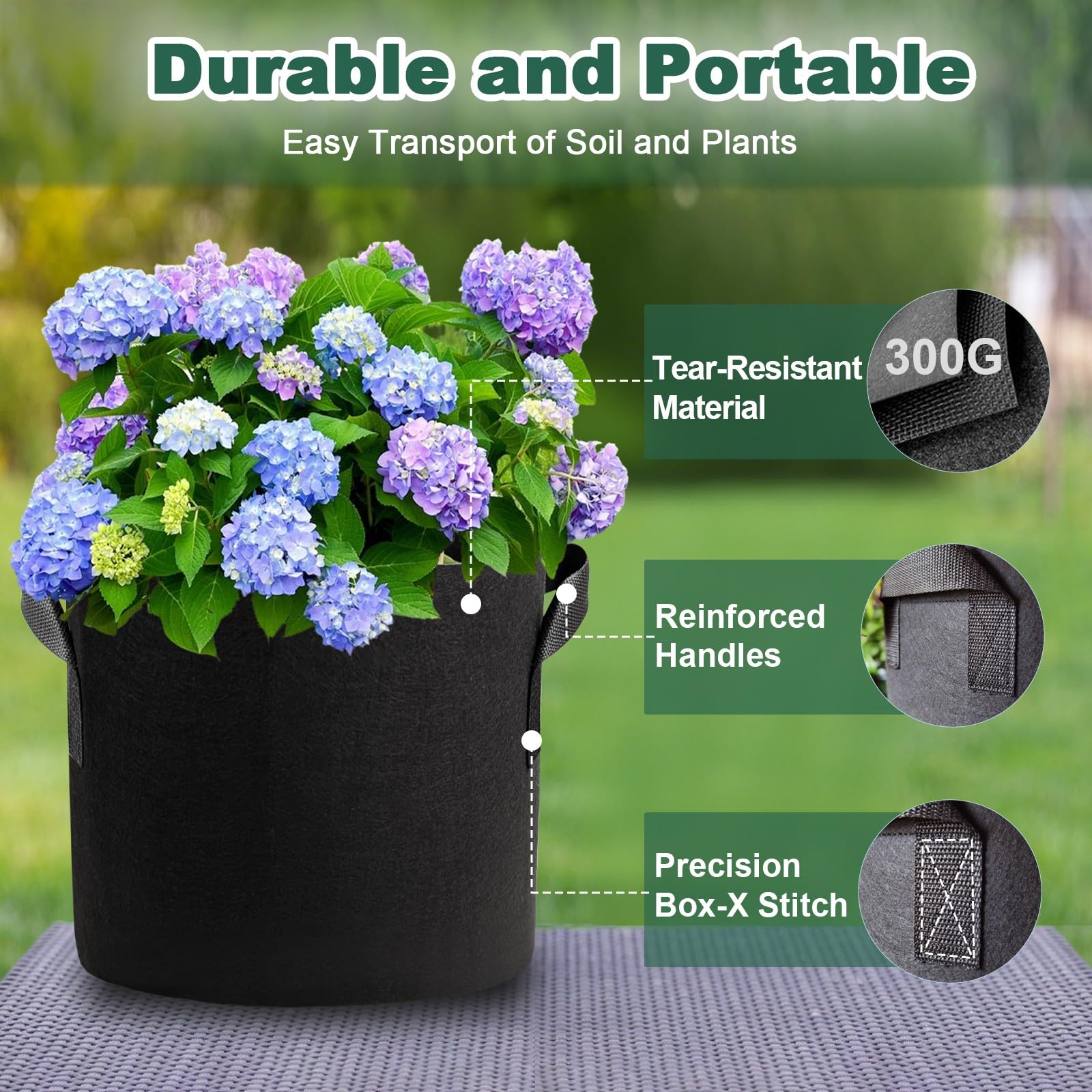 Cookiele grow bag uses double-sewn seams to reinforce durability when full