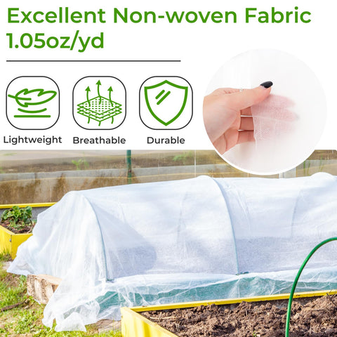 Cookmaster 10x33ft garden row cover unfurled over raised beds.
