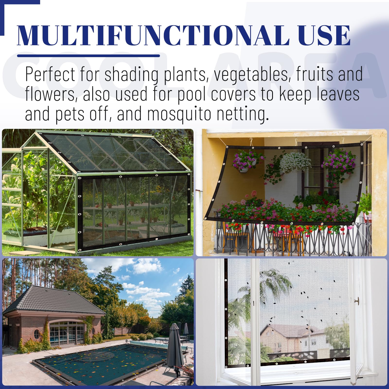 Customizable sizes for Cool Area shade cloth shown for varied setups