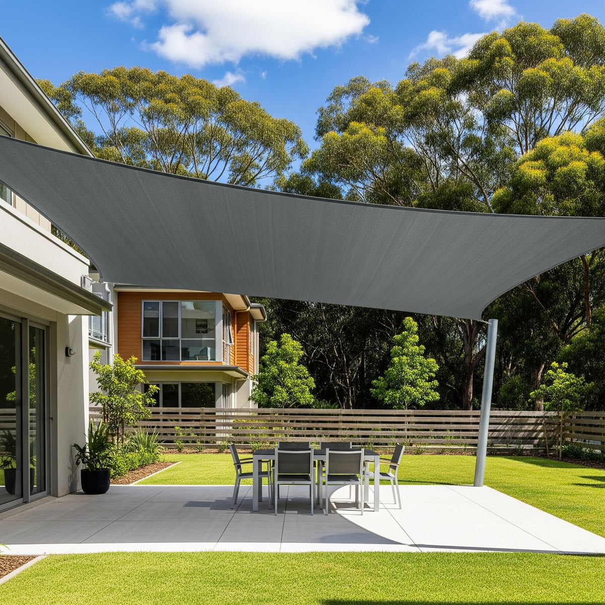 Cool Area sun shade sail on the patio offering 85-90% shade and UV protection