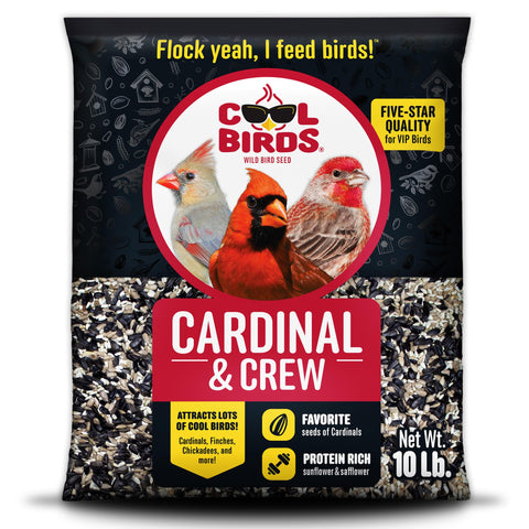 Cool Birds Cardinal & Crew seed blend bag attracts cardinals at outdoor feeders