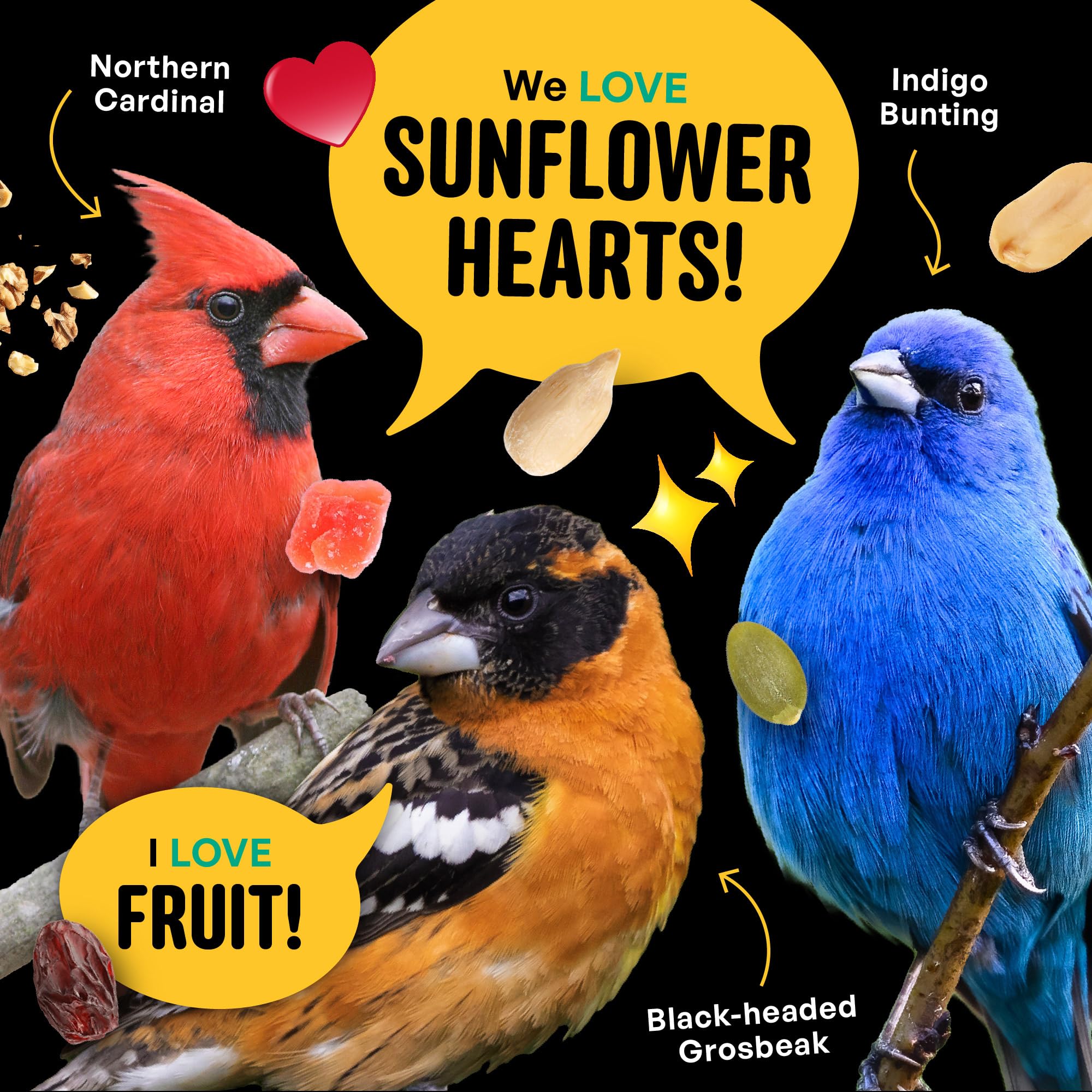  Cardinals and finches feed on Cool Birds No Mess Fruit Seed blend.