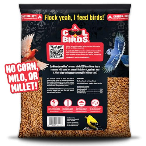 Cool Birds Hearts on Fire bag back shows 10 lb packaging
