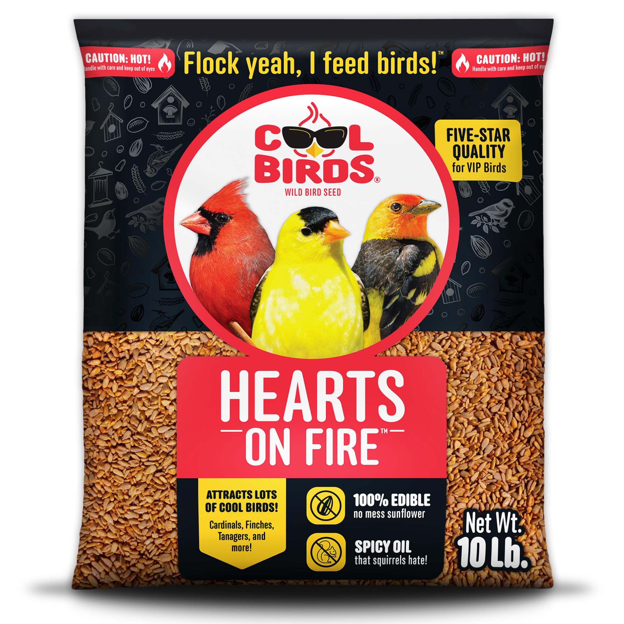 Cool Birds Hearts on Fire bag front view for outdoor feeders