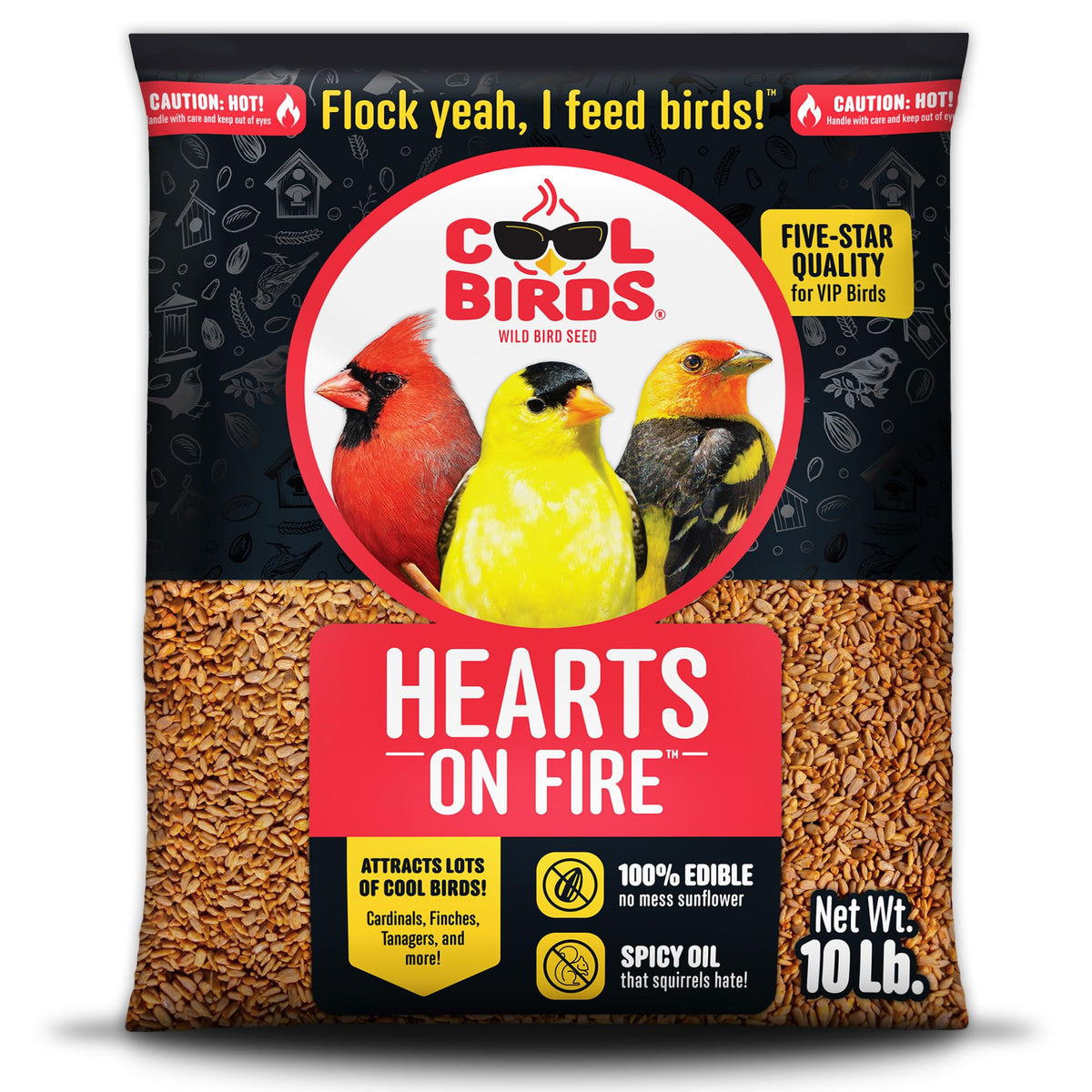 Cool Birds Hearts on Fire bag front view for outdoor feeders