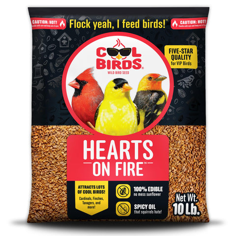 Cool Birds Hearts on Fire bag front view for outdoor feeders