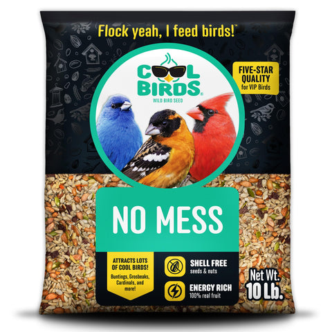 Cool Birds No Mess Fruit Seed bag front shows 10 lb shell-free blend for tidy feeding.