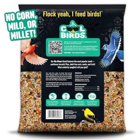  Cool Birds No Mess Fruit Seed ingredients close-up highlights sunflower hearts and real fruit.