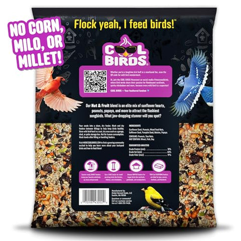 Close-up of Cool Birds Nut & Fruit ingredients highlighting sunflower hearts and fruit pieces.