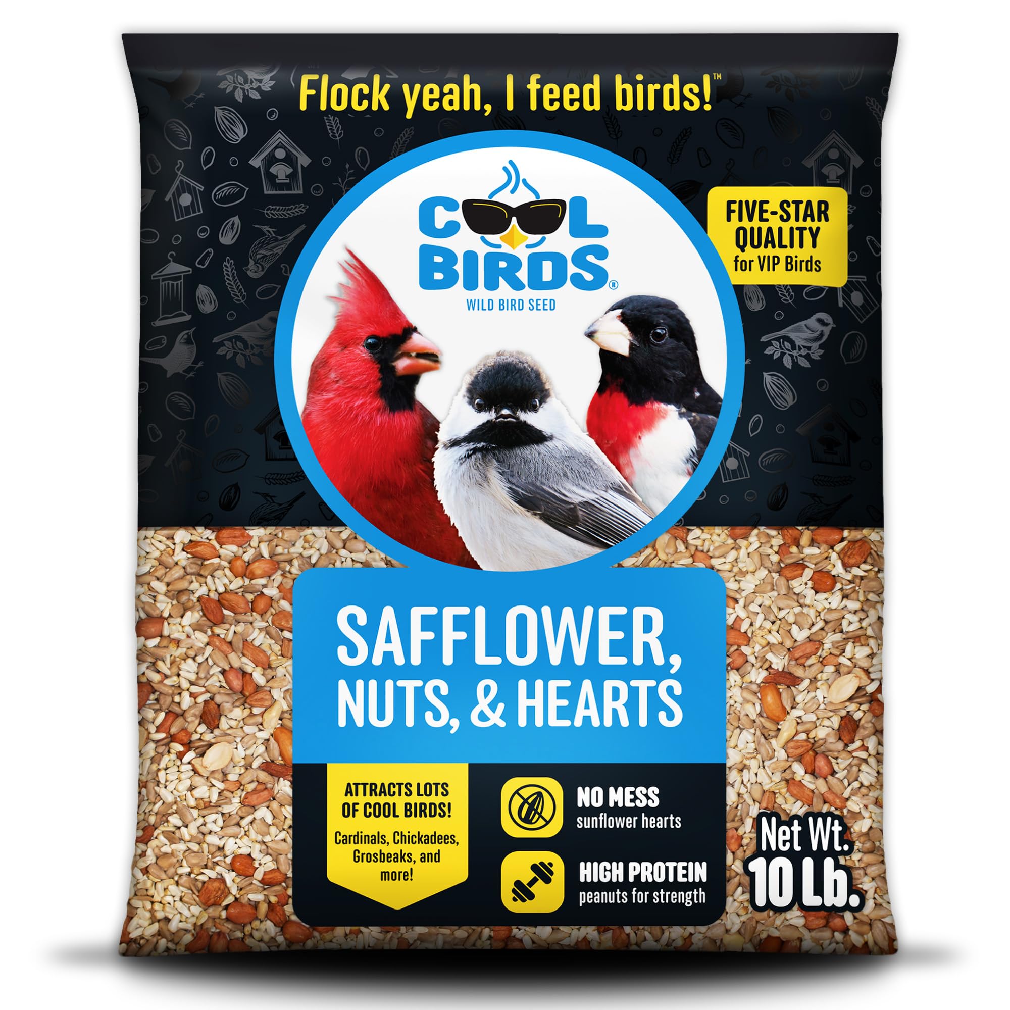 Cool Birds safflower-nuts-hearts seed in feeder provides energy-rich nutrition for backyard birds