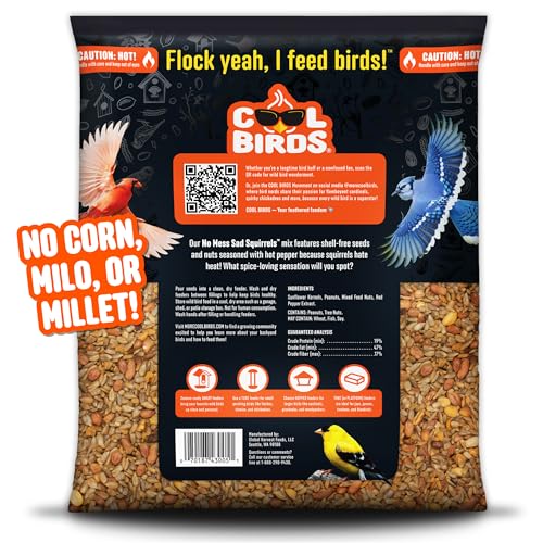 COOL BIRDS spicy shell-free seed near deck attracts birds and reduces mess.
