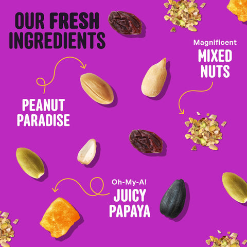 Assorted bird varieties flock to Cool Birds Nut & Fruit mix in a natural outdoor scene.
