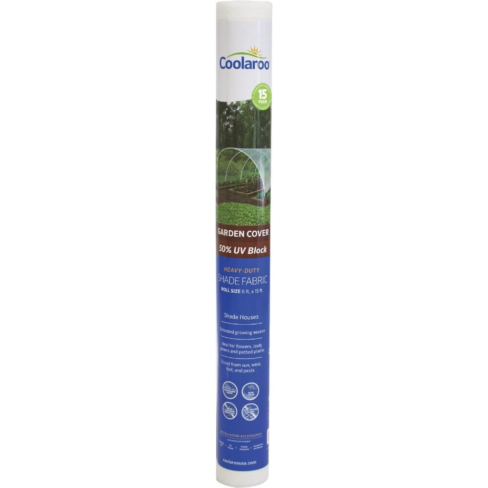 Coolaroo 50% UV Block Shade Cloth roll in white, ideal for greenhouse shade and plant protection.