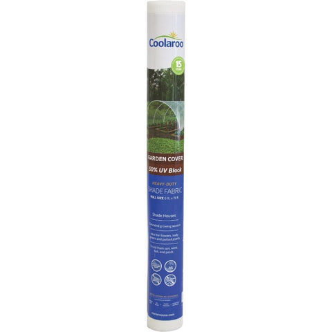 Coolaroo 50% UV Block Shade Cloth roll in white, ideal for greenhouse shade and plant protection.